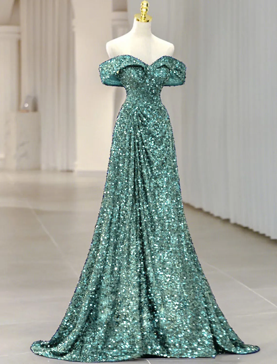 A-Line Evening Gown Sparkle Shine Dress Formal Sleeveless Off Shoulder Sequined with Glitter