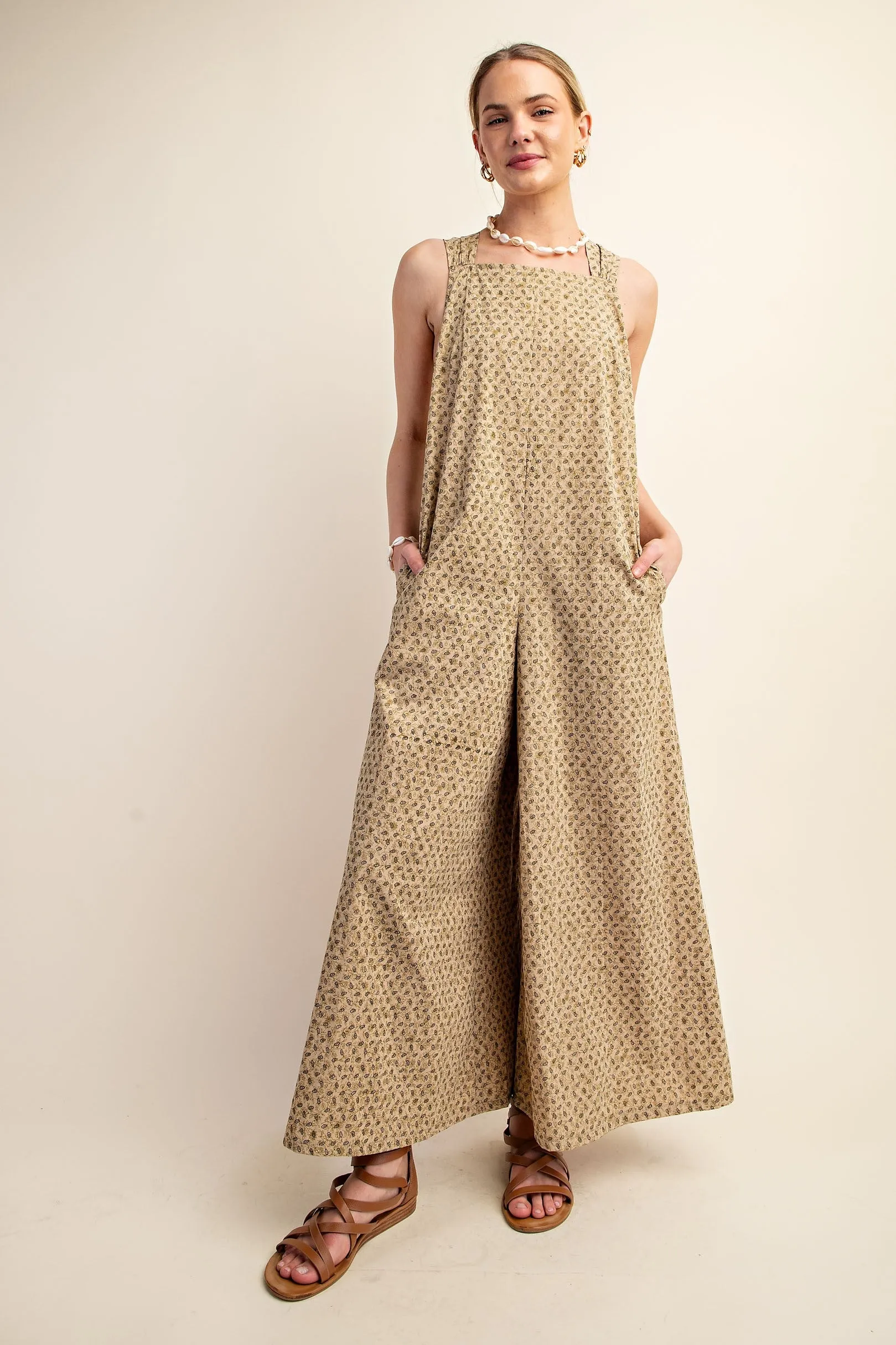 Beige Vintage Floral Wide Leg Romper