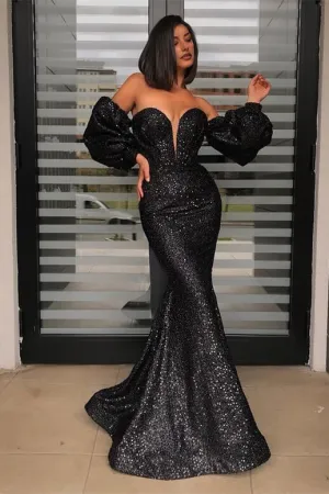 Black Long Sequined Off The Shoulder Mermaid Prom Dresses with Removable Sleeves