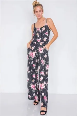Black Rose Polka Dot Maxi Wide Leg Elastic Scoop Neck Jumpsuit