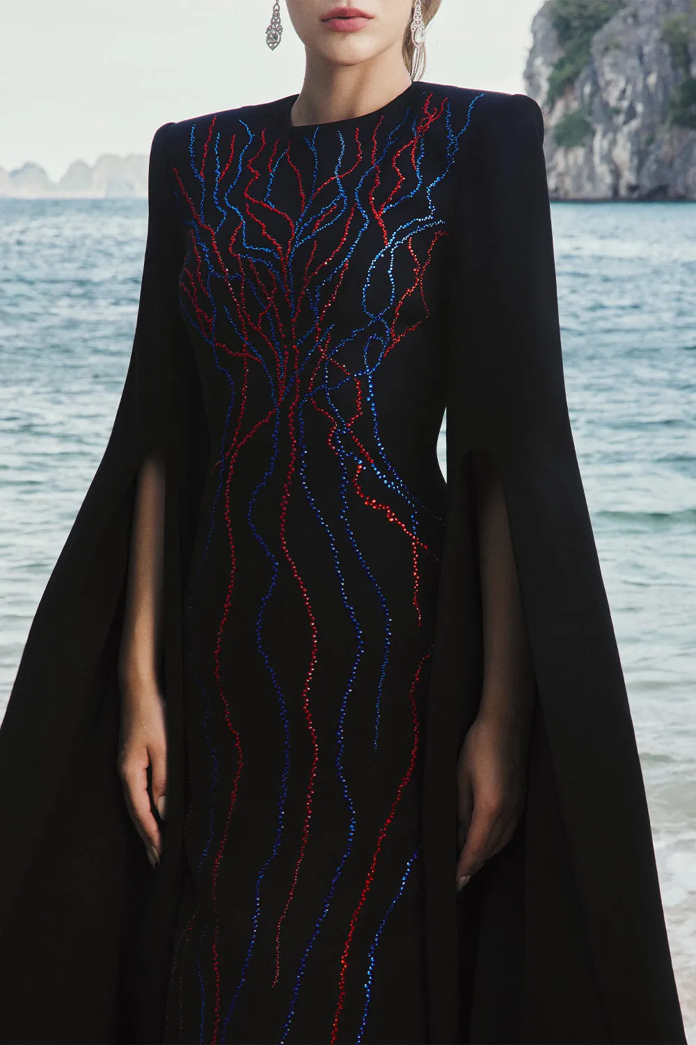 Camille Sheath Slit Sleeved Velvet Satin Floor Length Dress