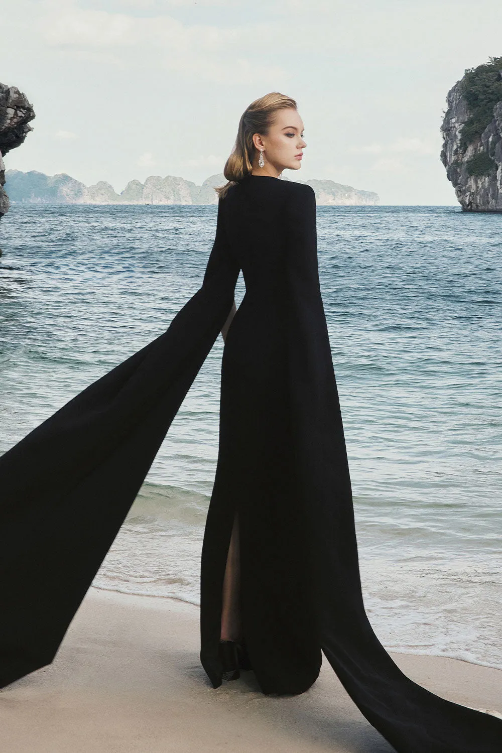 Camille Sheath Slit Sleeved Velvet Satin Floor Length Dress