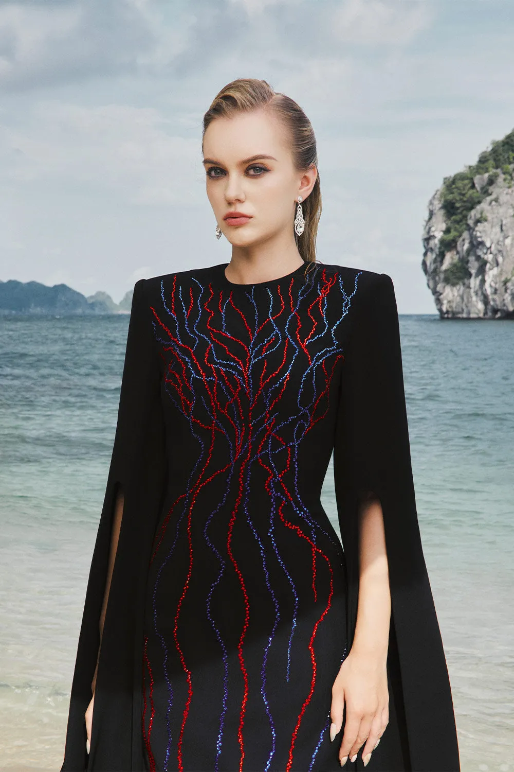 Camille Sheath Slit Sleeved Velvet Satin Floor Length Dress
