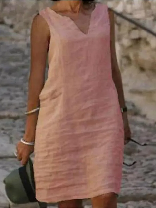 Casual Dress Cotton Dress Shift Dress Midi Dress Green Blue Pink Sleeveless Pure Color Spring Summer V Neck Basic Daily Weekend Loose Fit  S M L XL XXL 3XL 4XL for Women