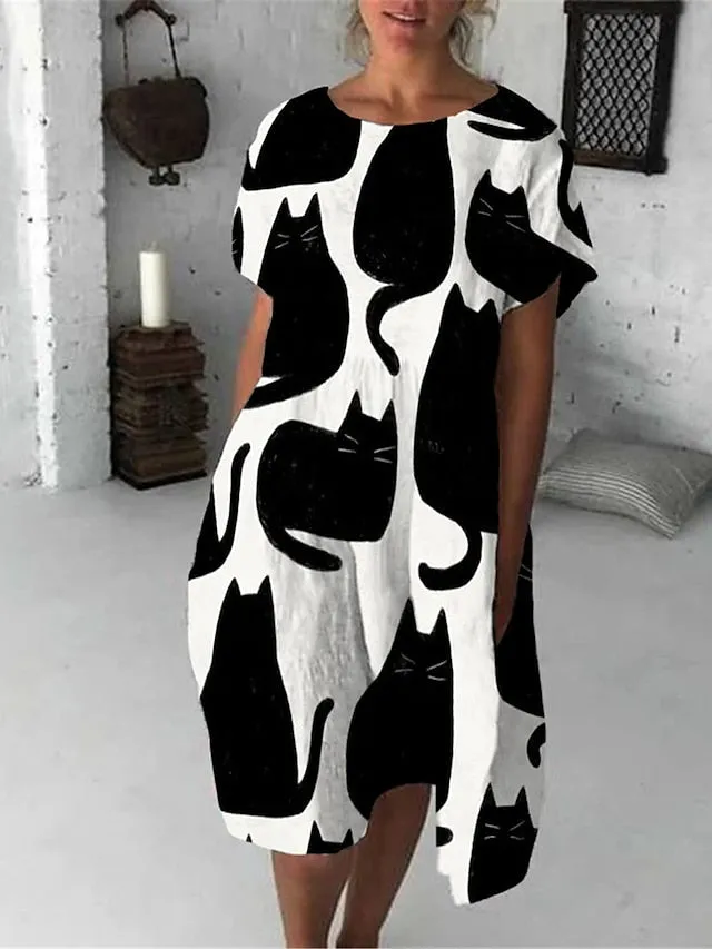 Casual Dress T Shirt Dress Tee Dress Shift Dress Midi Dress Black And White Black White Half Sleeve Animal Pocket Summer Spring Crew Neck Fashion Loose Fit  S M L XL XXL 3XL for Women
