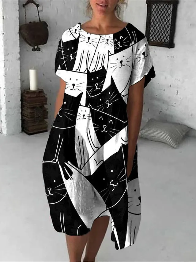 Casual Dress T Shirt Dress Tee Dress Shift Dress Midi Dress Black And White Black White Half Sleeve Animal Pocket Summer Spring Crew Neck Fashion Loose Fit  S M L XL XXL 3XL for Women