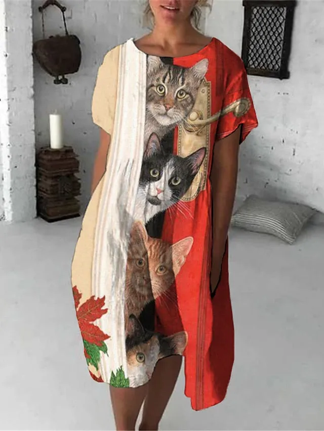 Casual Dress T Shirt Dress Tee Dress Shift Dress Midi Dress Black And White Black White Half Sleeve Animal Pocket Summer Spring Crew Neck Fashion Loose Fit  S M L XL XXL 3XL for Women