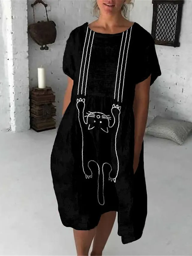 Casual Dress T Shirt Dress Tee Dress Shift Dress Midi Dress Black And White Black White Half Sleeve Animal Pocket Summer Spring Crew Neck Fashion Loose Fit  S M L XL XXL 3XL for Women