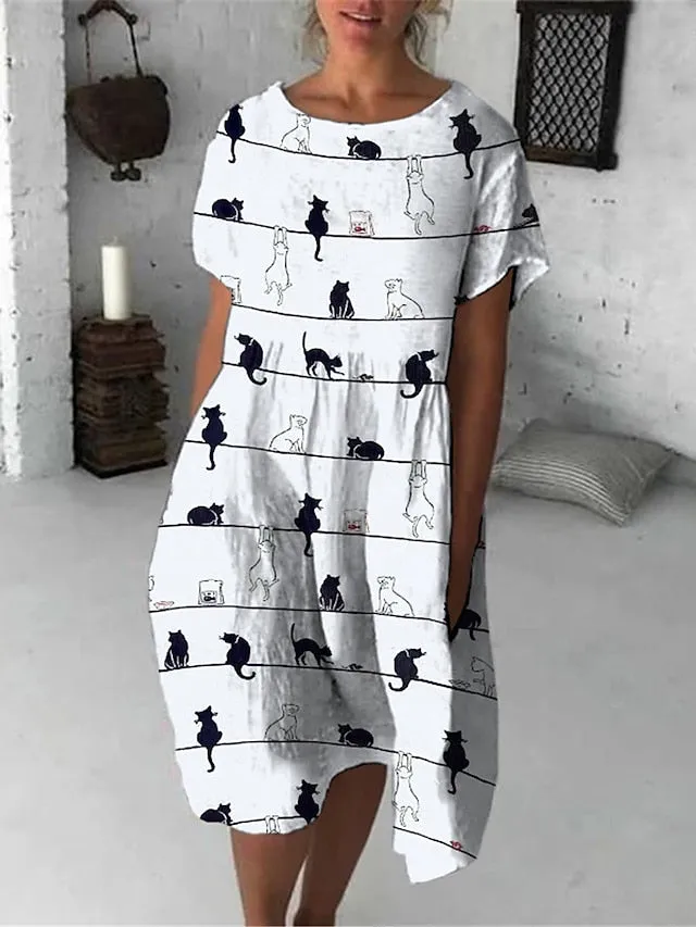 Casual Dress T Shirt Dress Tee Dress Shift Dress Midi Dress Black And White Black White Half Sleeve Animal Pocket Summer Spring Crew Neck Fashion Loose Fit  S M L XL XXL 3XL for Women