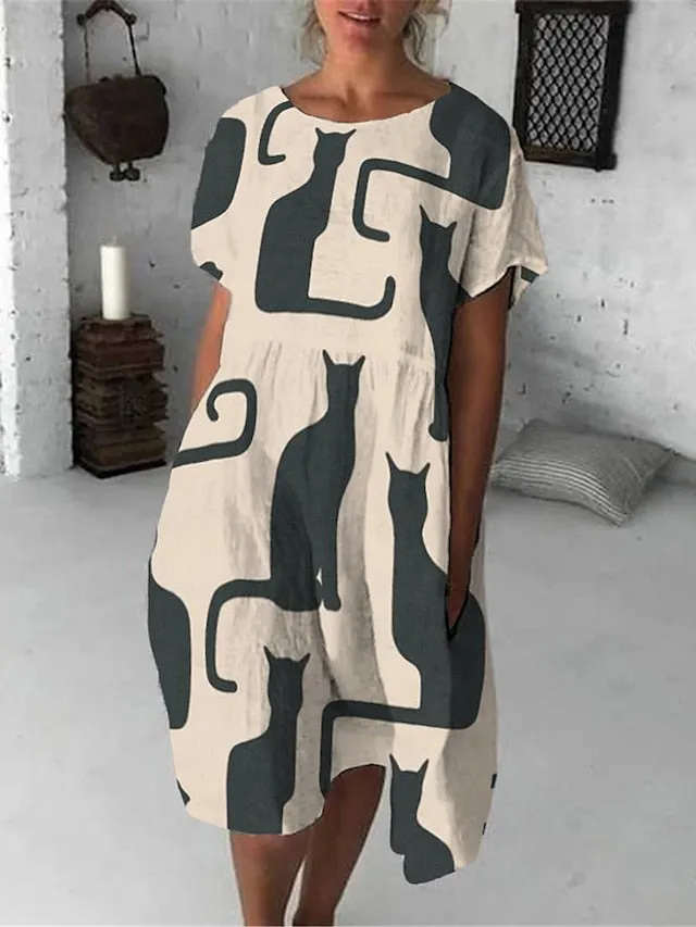 Casual Dress T Shirt Dress Tee Dress Shift Dress Midi Dress Black And White Black White Half Sleeve Animal Pocket Summer Spring Crew Neck Fashion Loose Fit  S M L XL XXL 3XL for Women