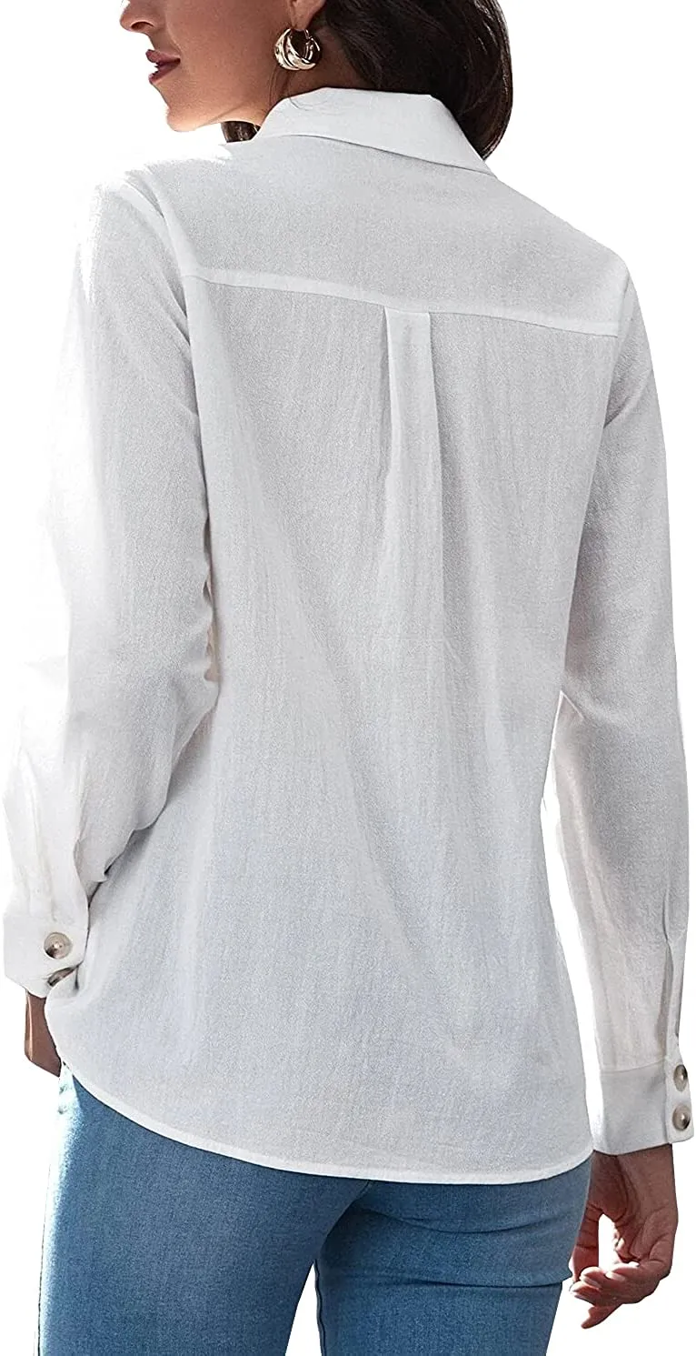 Casual Long Sleeve Button Down V Neck Blouse