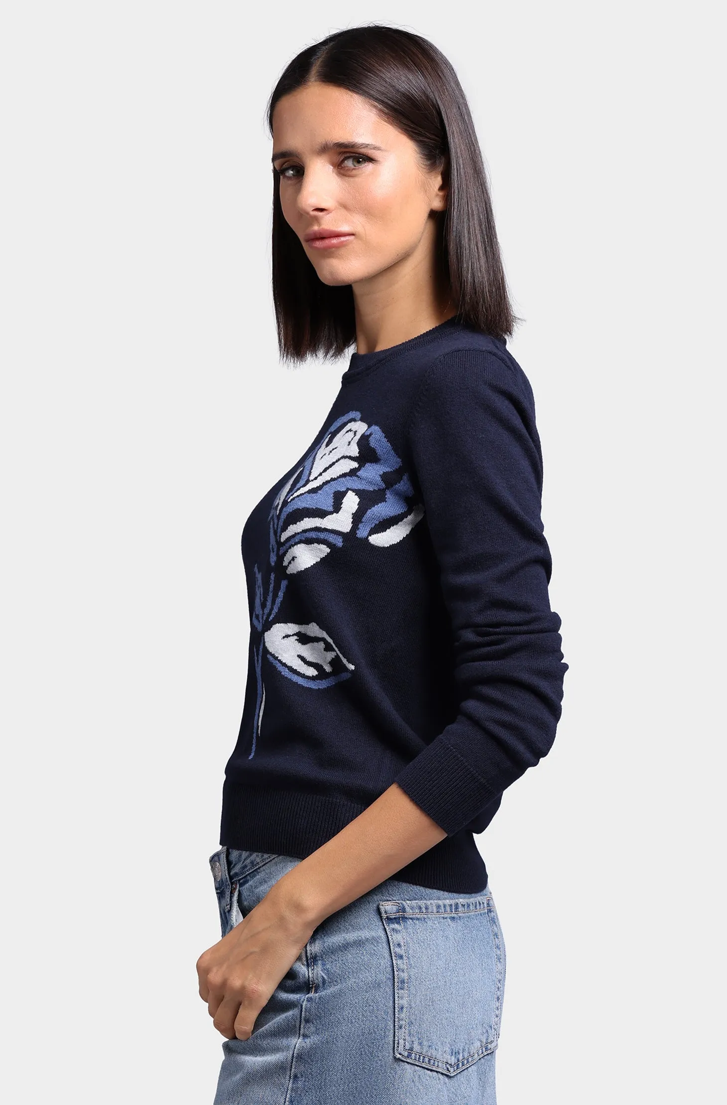 Cotton Cashmere Rose Intarsia Crew Neck Pullover