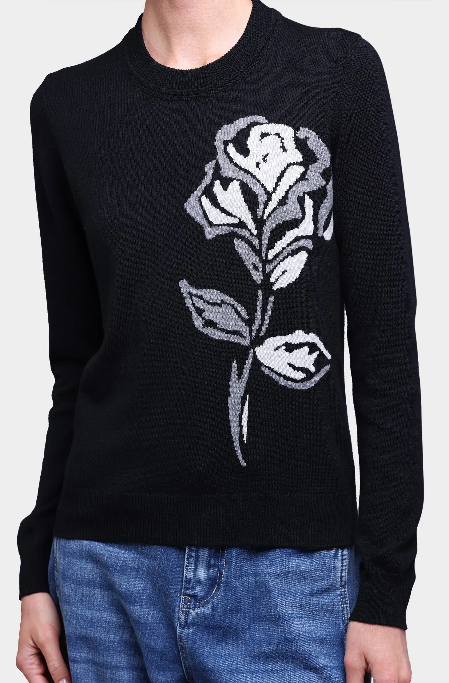Cotton Cashmere Rose Intarsia Crew Neck Pullover