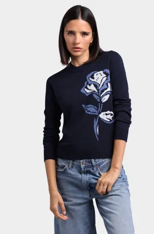 Cotton Cashmere Rose Intarsia Crew Neck Pullover