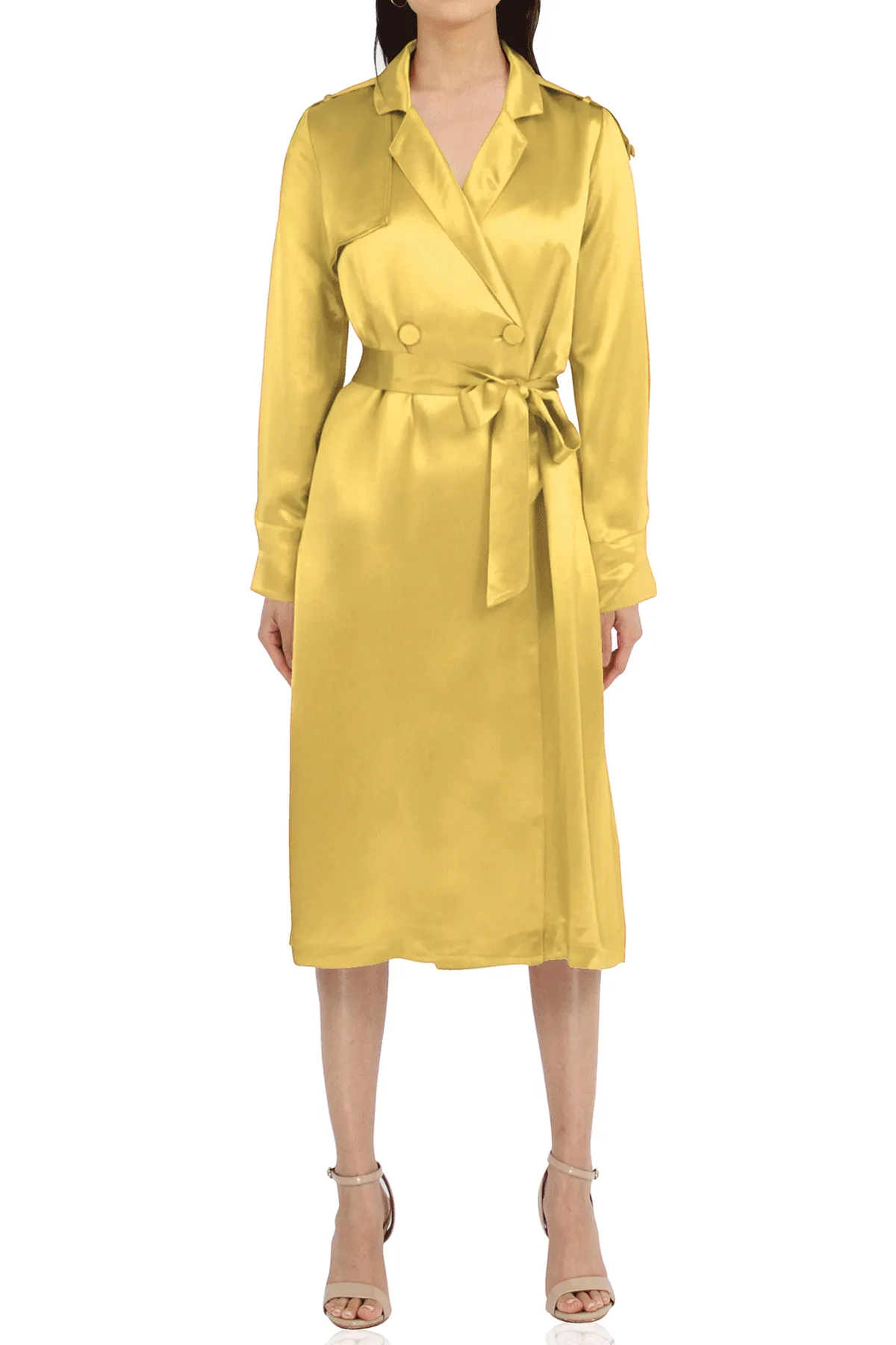 Designer Belted Silk Satin Coat In Yellow