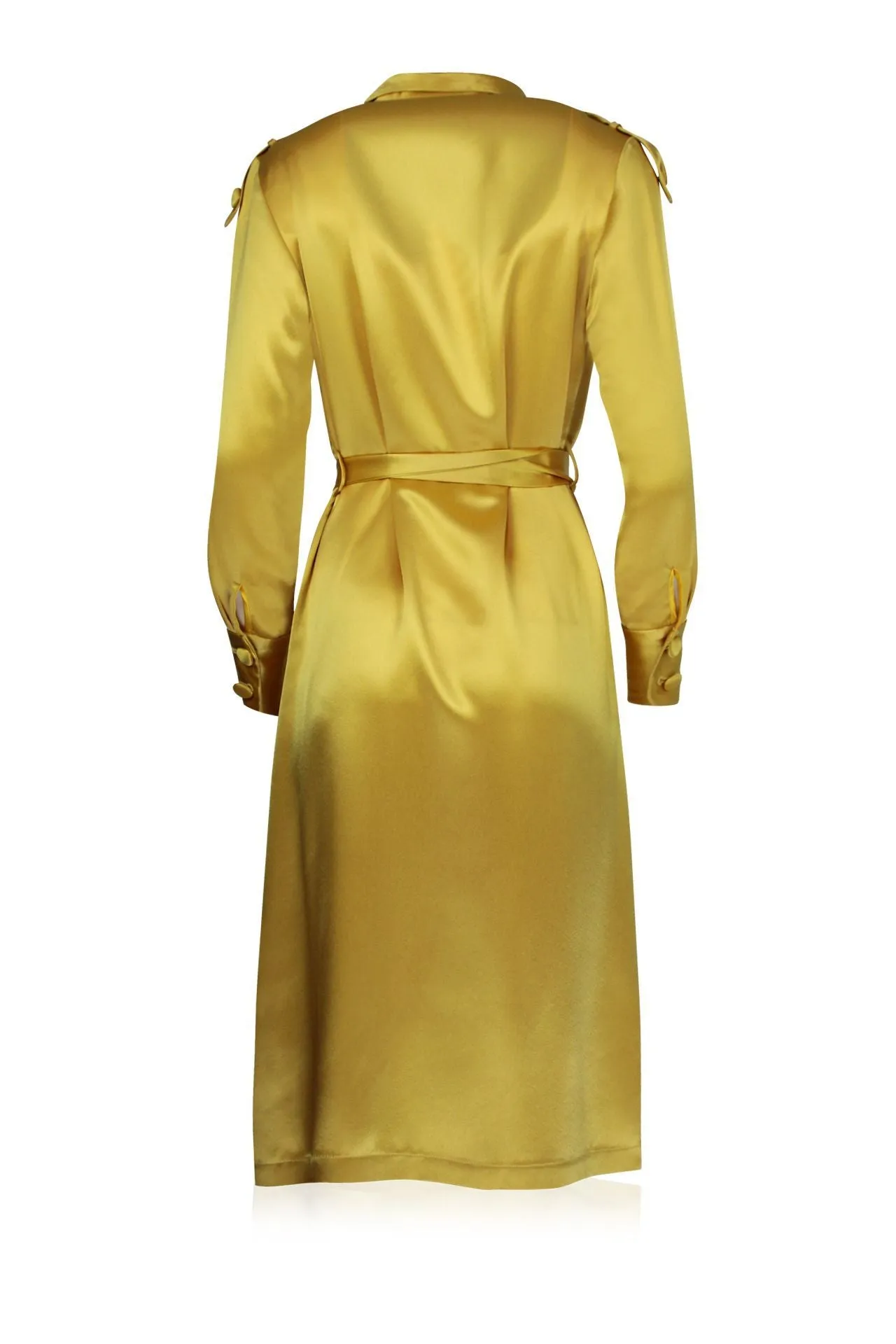 Designer Belted Silk Satin Coat In Yellow