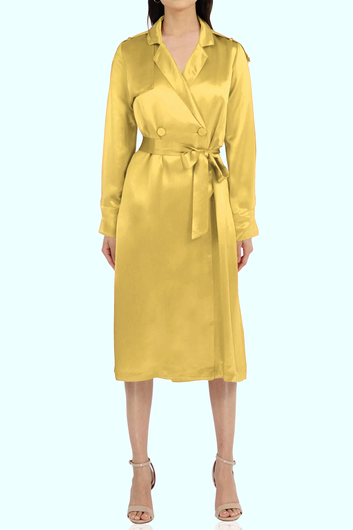 Designer Belted Silk Satin Coat In Yellow