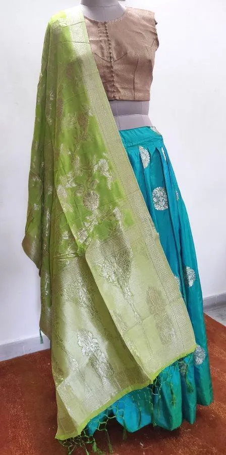 Designer Dupion Silk Turquoise Ready To Wear Lehenga Skirt with Banarasi Dupatta ALC29