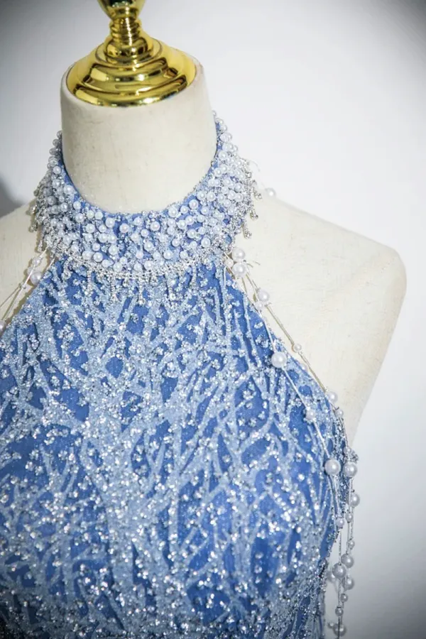 Elegant Tulle Sequins Floor Length Prom Dress, Blue Halter A Line Evening Dress PFP2730