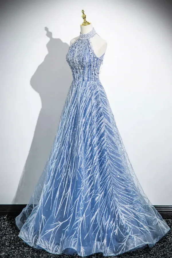 Elegant Tulle Sequins Floor Length Prom Dress, Blue Halter A Line Evening Dress PFP2730