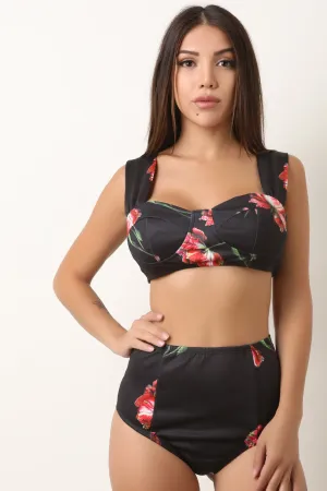 Floral Bustier with High Waist Brief Set