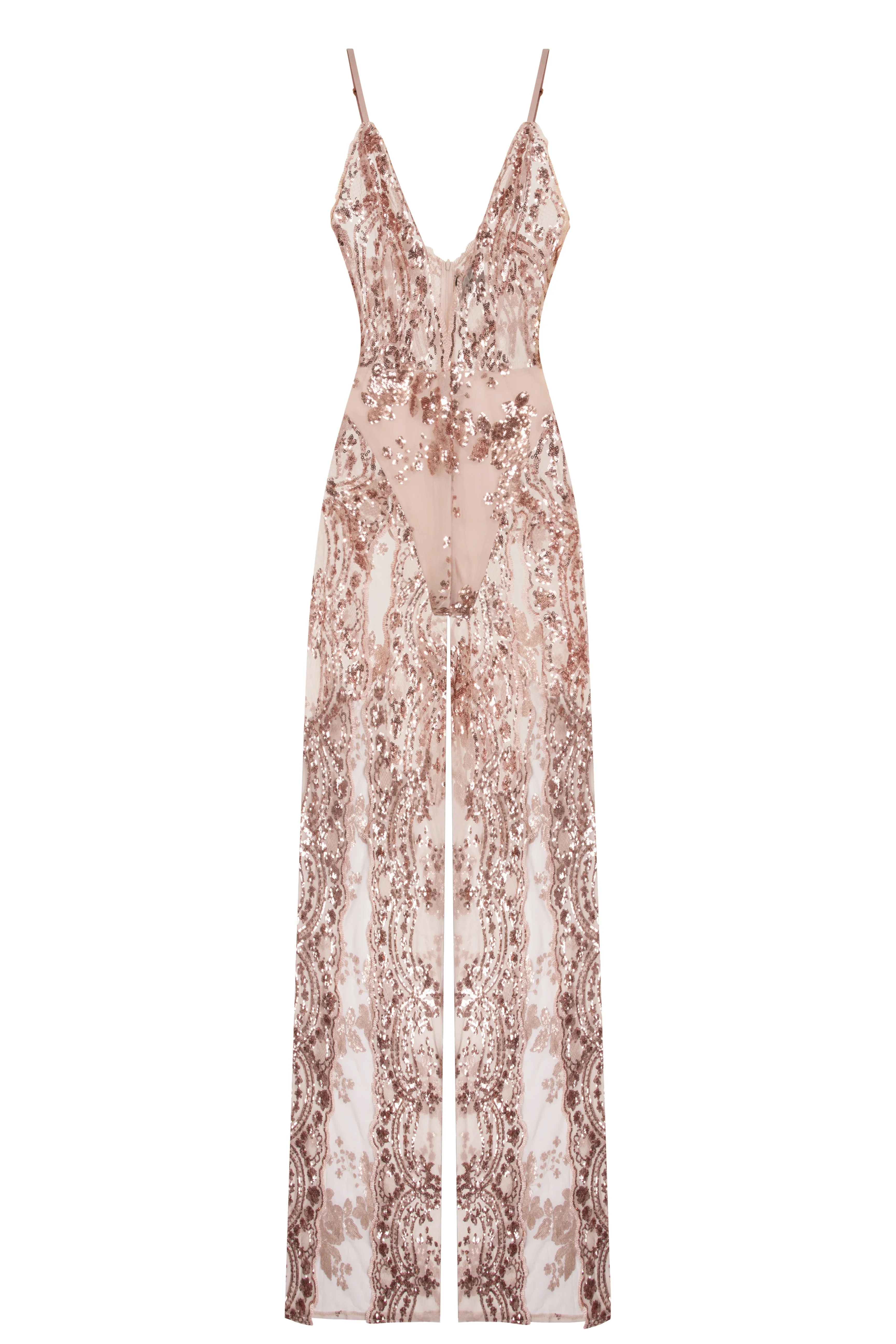 Game Changer Rose Gold Nude Sheer Floral Sequin Palazzo Split Jumpsuit