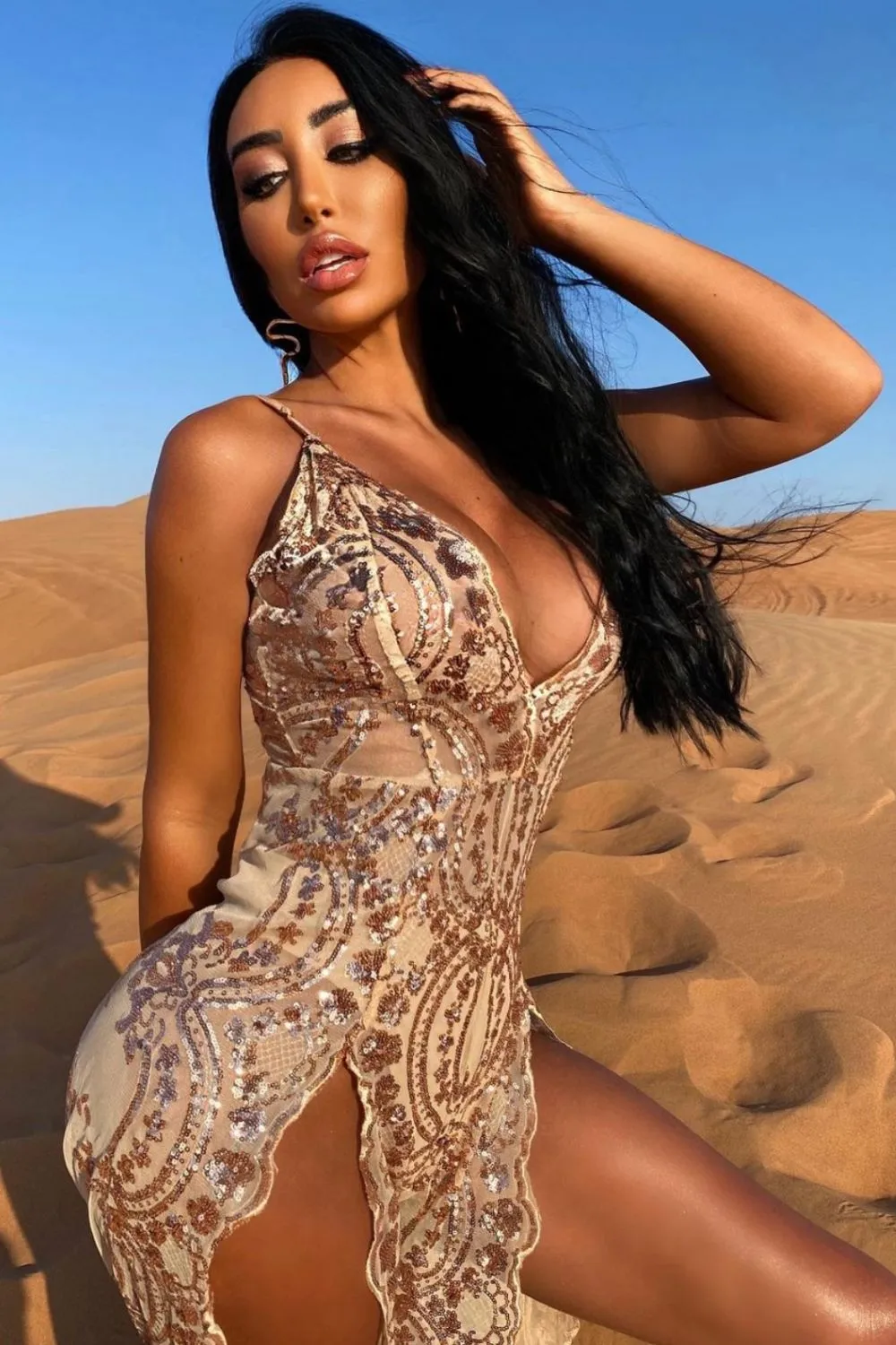 Game Changer Rose Gold Nude Sheer Floral Sequin Palazzo Split Jumpsuit