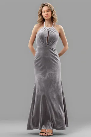 Halter Velvet Sleeveless Backless Long Bridesmaid Dresses