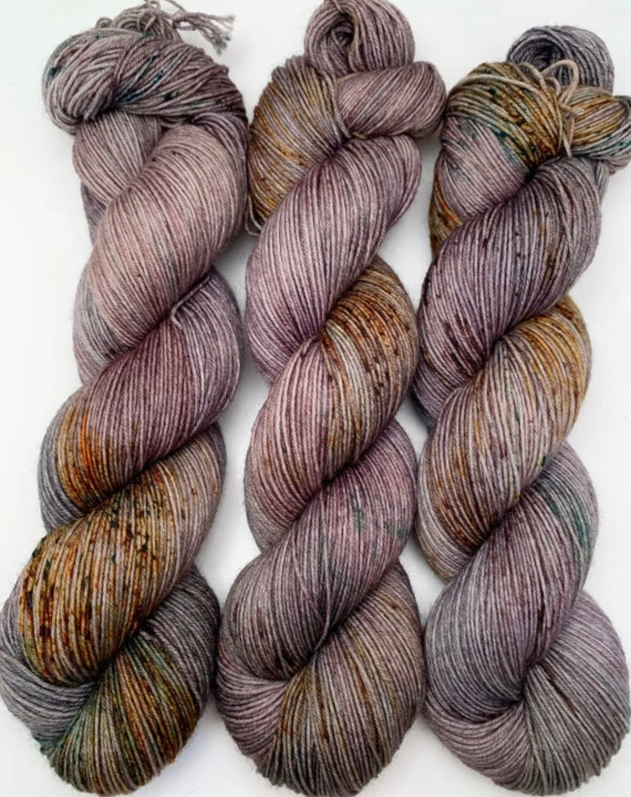 Hand Dyed Yarn "Here There Be Dragons" Brown Green Khaki Grey Gold Caramel Rust Speckled Polwarth DK Superwash 248yds 100g