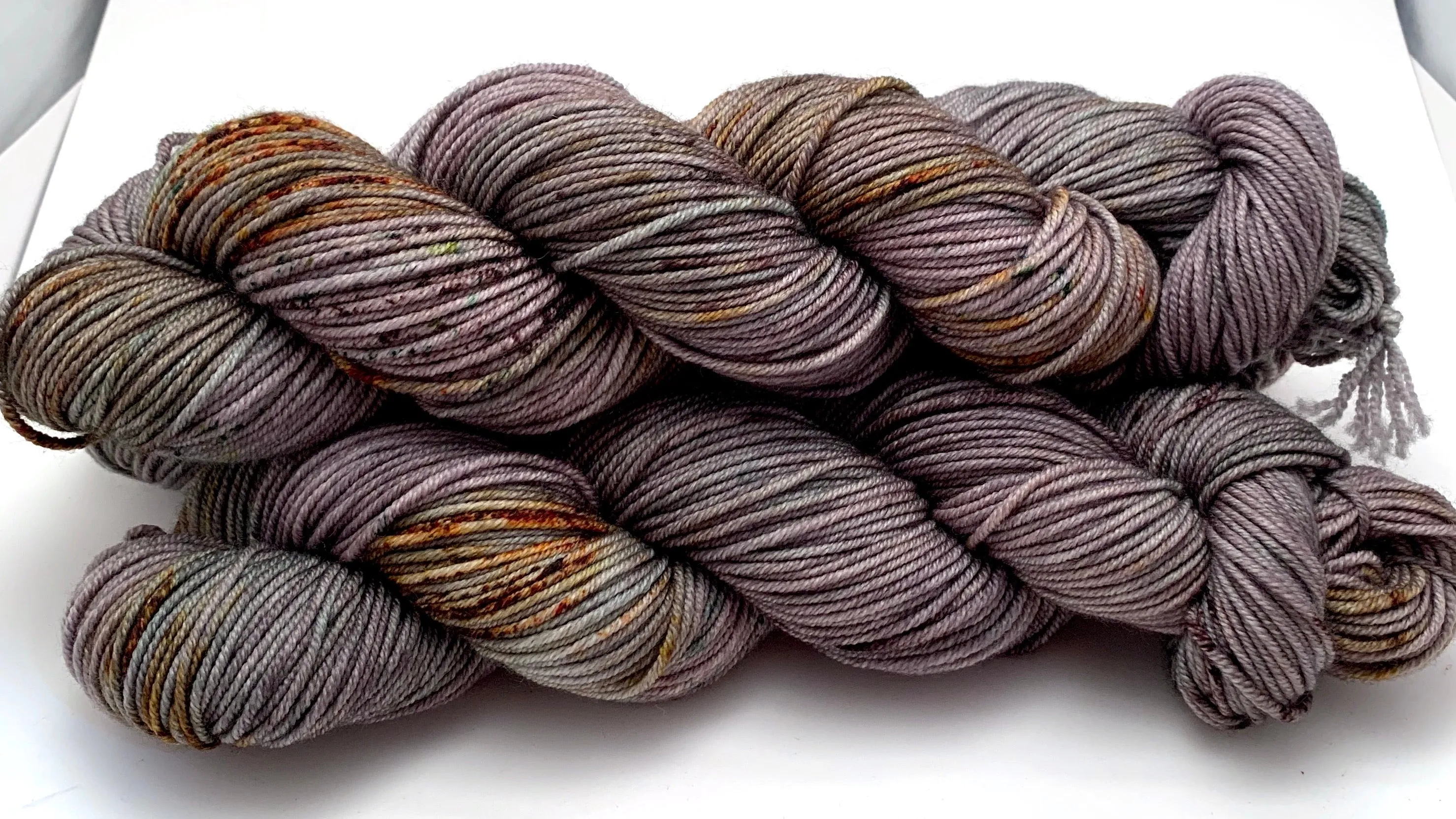 Hand Dyed Yarn "Here There Be Dragons" Brown Green Khaki Grey Gold Caramel Rust Speckled Polwarth DK Superwash 248yds 100g