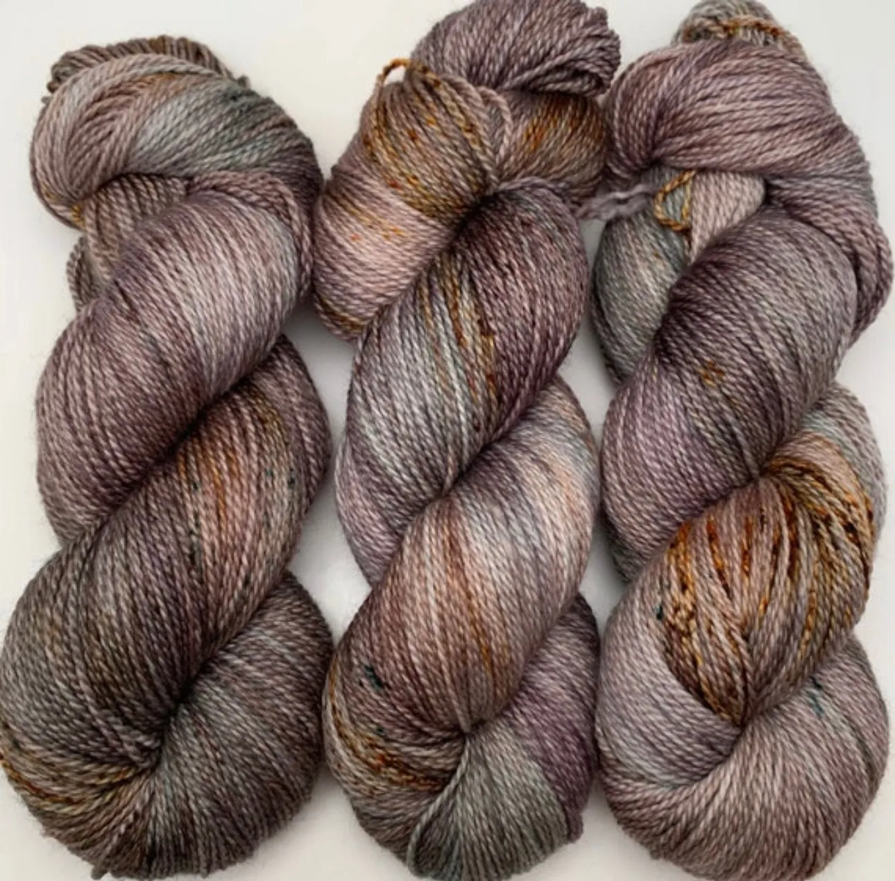 Hand Dyed Yarn "Here There Be Dragons" Brown Green Khaki Grey Gold Caramel Rust Speckled Polwarth DK Superwash 248yds 100g