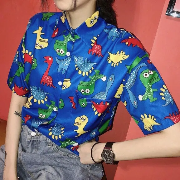 Harajuku Colorful Blue Dinosaur Button Down  Blouse