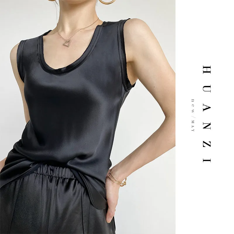 Huanzi high-quality imported triacetic sleeveless silky satin blouse vest top- Ni