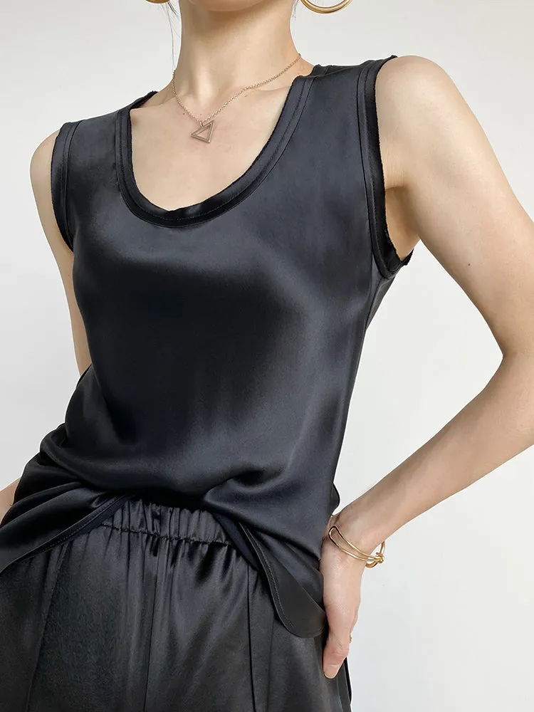 Huanzi high-quality imported triacetic sleeveless silky satin blouse vest top- Ni