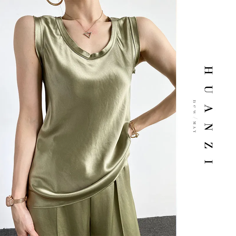 Huanzi high-quality imported triacetic sleeveless silky satin blouse vest top- Ni