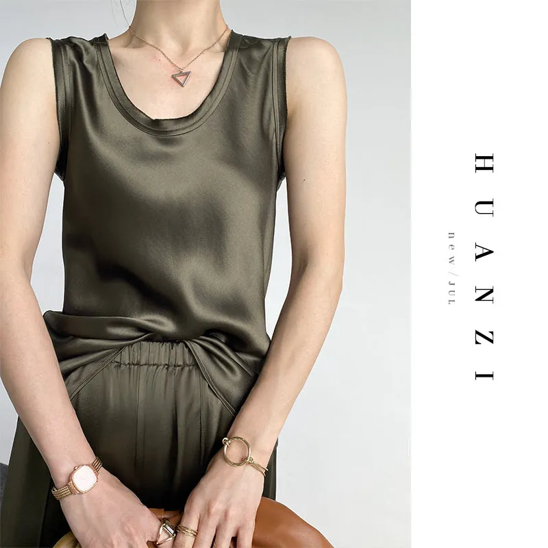 Huanzi high-quality imported triacetic sleeveless silky satin blouse vest top- Ni