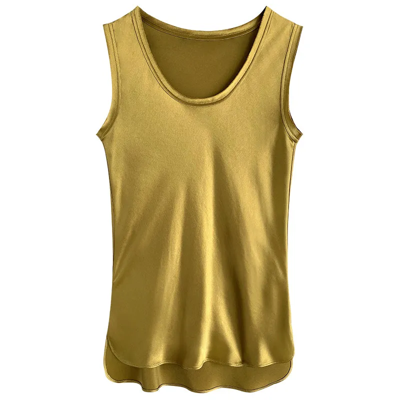 Huanzi high-quality imported triacetic sleeveless silky satin blouse vest top- Ni
