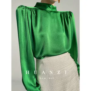 Huanzi new puff sleeves silk satin shirts top blouse - Oitr green