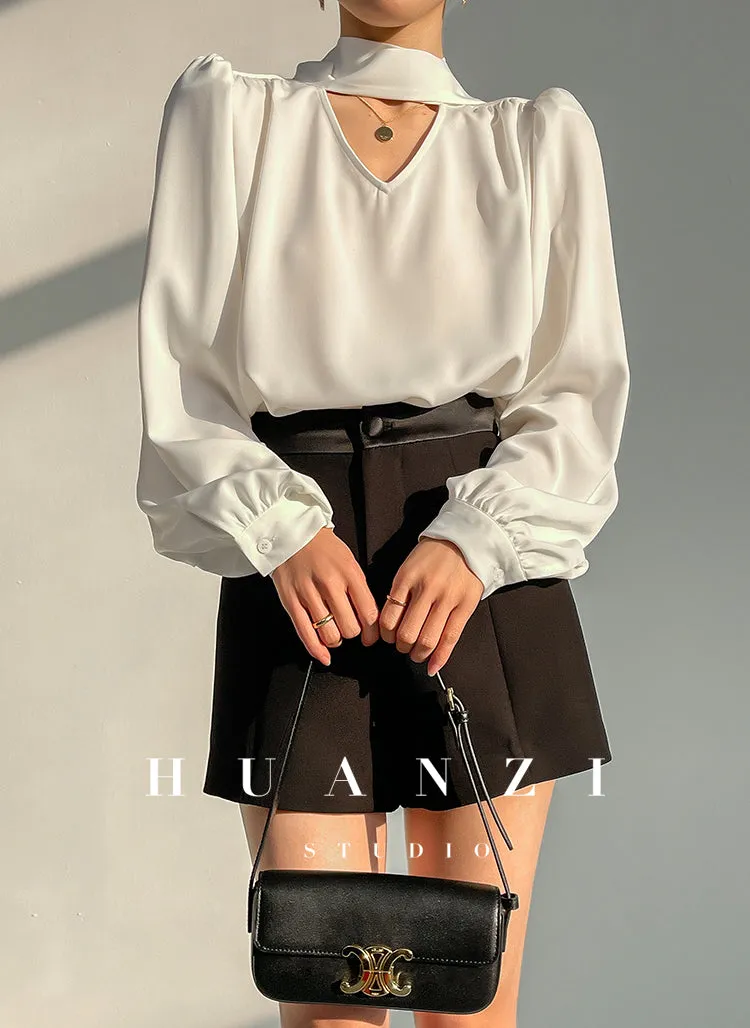 Huanzi new puff sleeves silk satin shirts top blouse - Oitr green