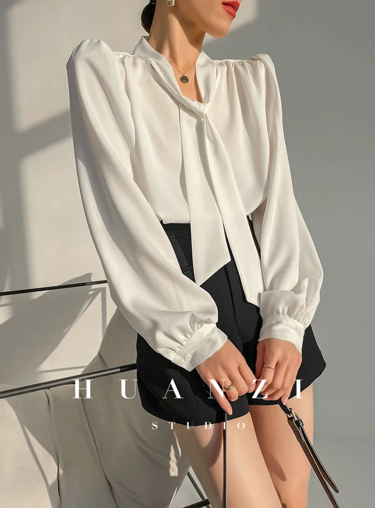 Huanzi new puff sleeves silk satin shirts top blouse - Oitr green
