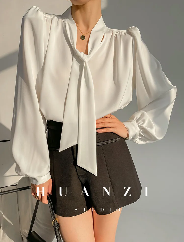 Huanzi new puff sleeves silk satin shirts top blouse - Oitr green
