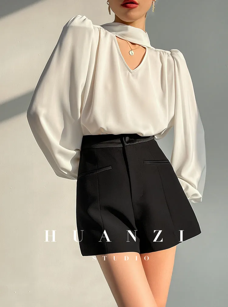 Huanzi new puff sleeves silk satin shirts top blouse - Oitr green