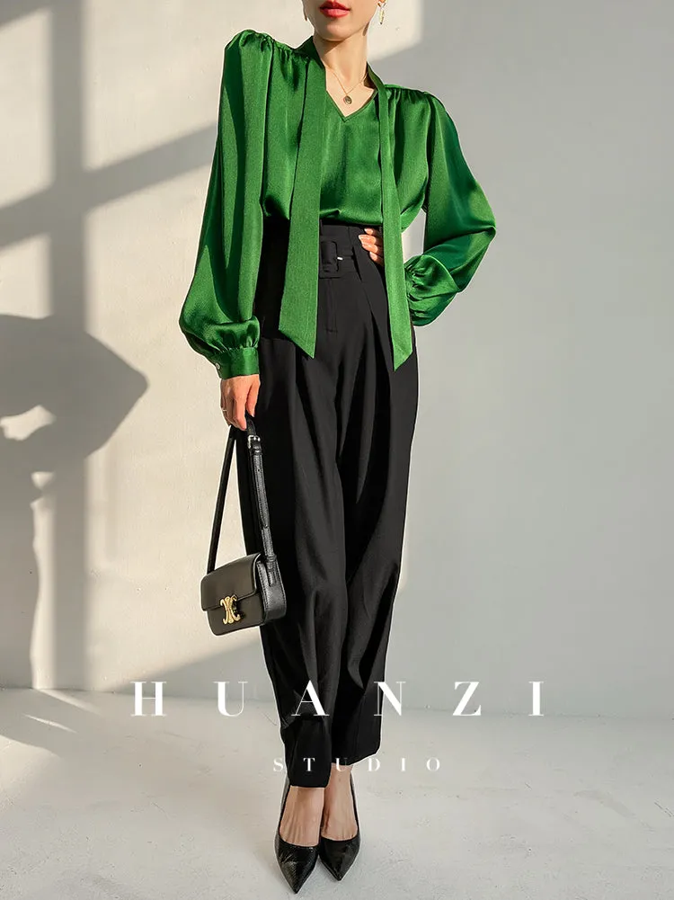 Huanzi new puff sleeves silk satin shirts top blouse - Oitr green