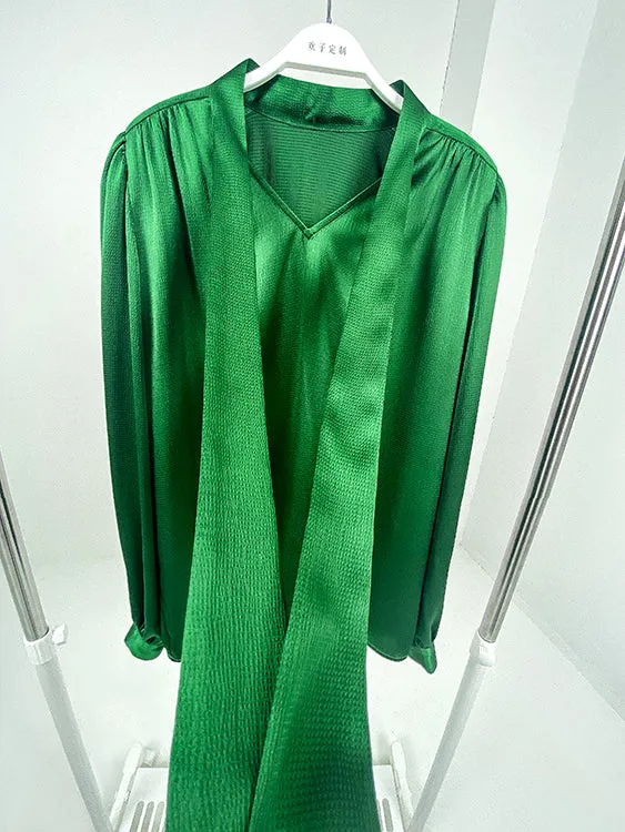 Huanzi new puff sleeves silk satin shirts top blouse - Oitr green