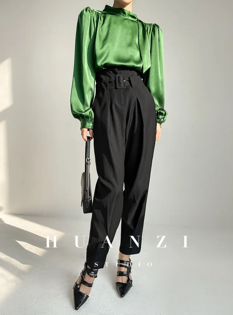 Huanzi new puff sleeves silk satin shirts top blouse - Oitr green