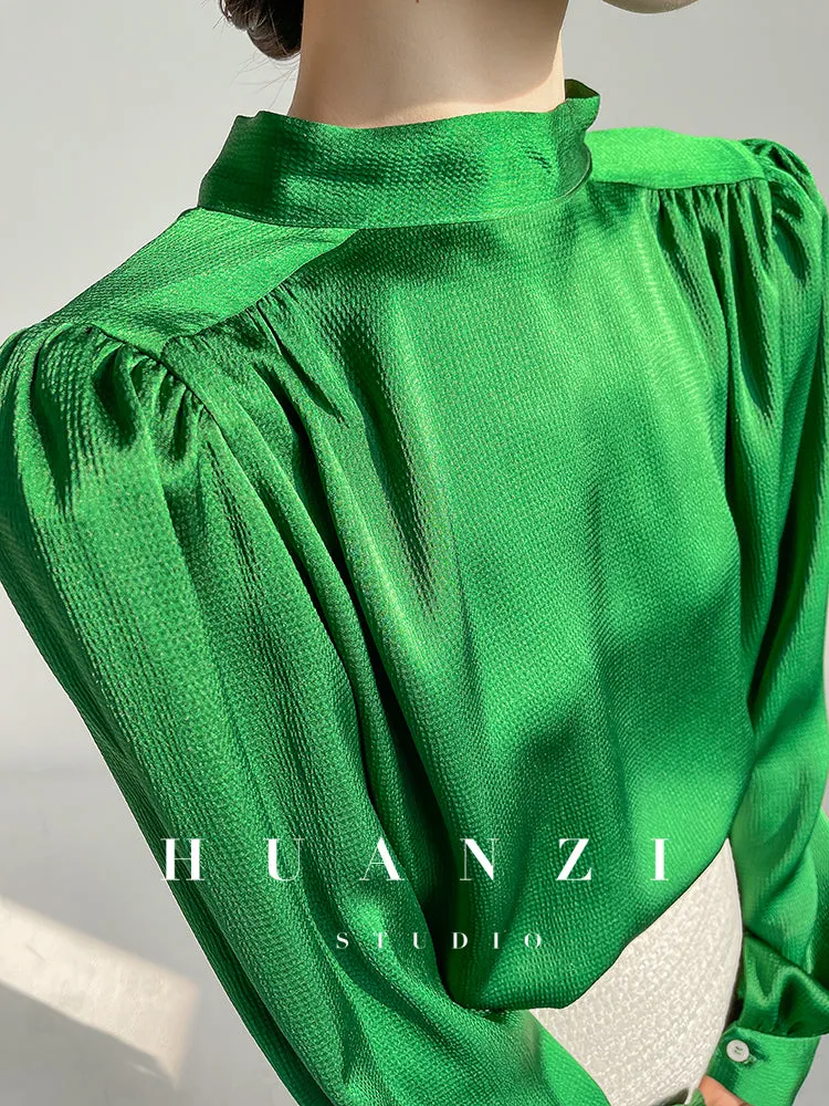 Huanzi new puff sleeves silk satin shirts top blouse - Oitr green