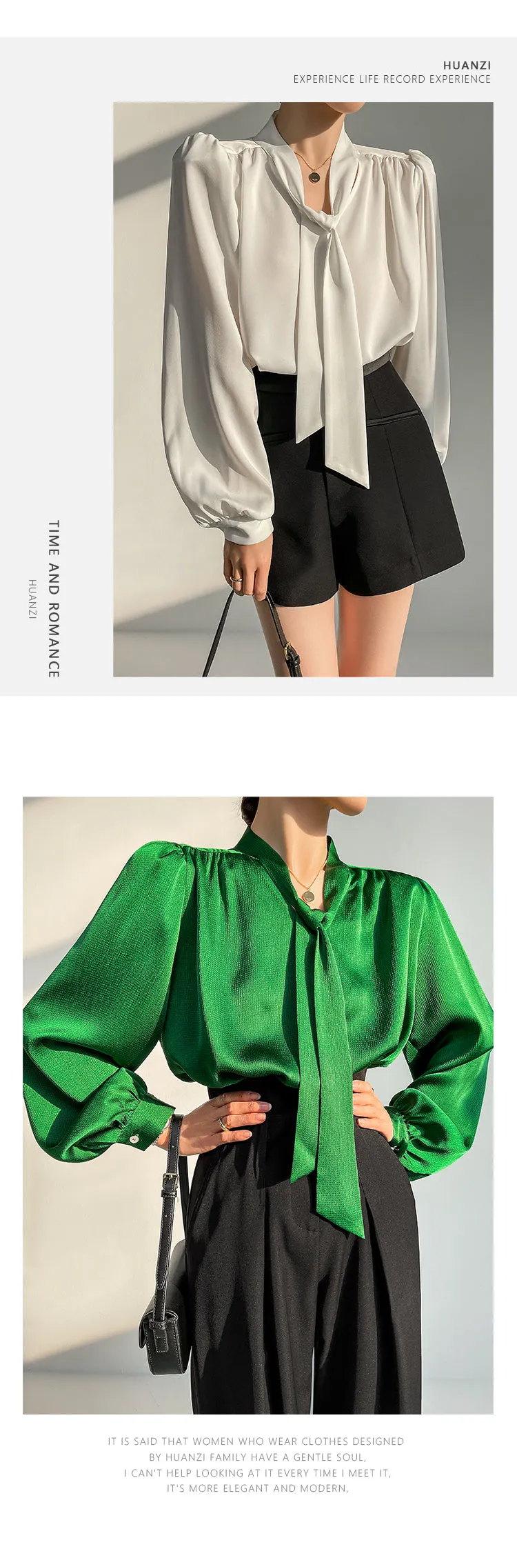 Huanzi new puff sleeves silk satin shirts top blouse - Oitr green