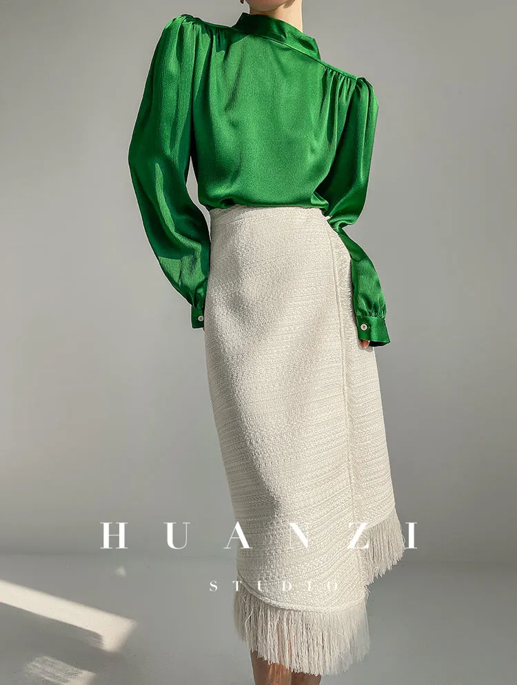 Huanzi new puff sleeves silk satin shirts top blouse - Oitr green