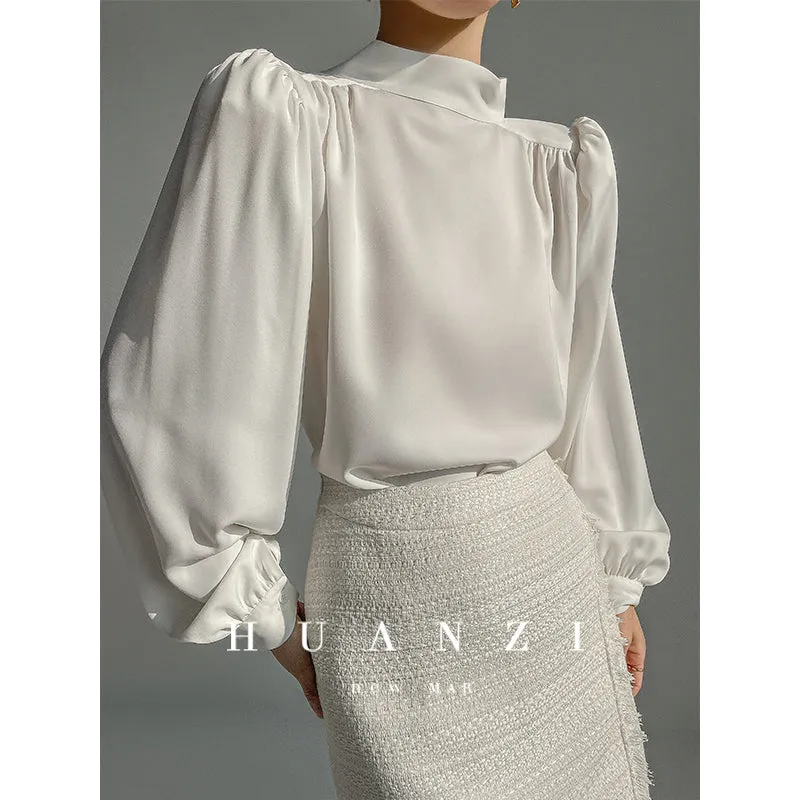 Huanzi new puff sleeves silk satin shirts top blouse - Oitr green