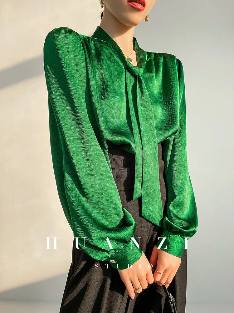 Huanzi new puff sleeves silk satin shirts top blouse - Oitr green